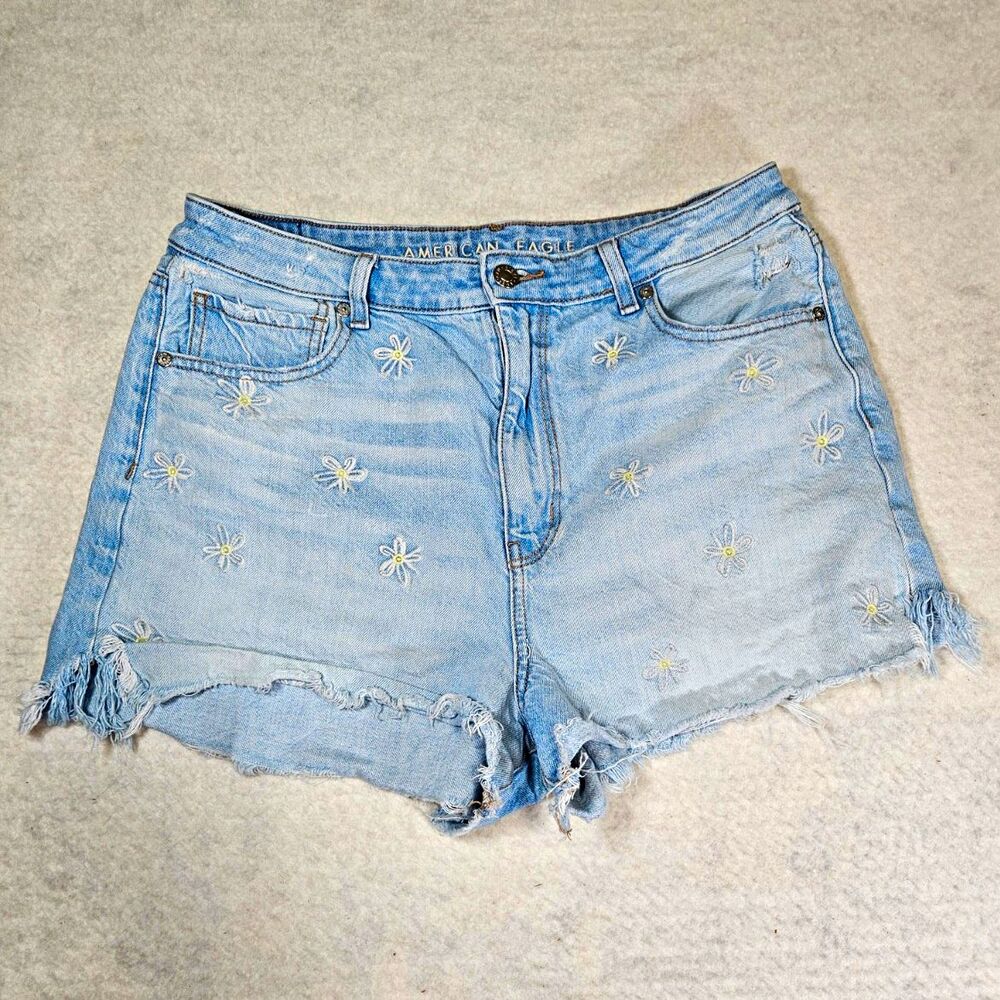 American Eagle Outfitters Light Wash Floral Embroidered Cut Off Shorts 12